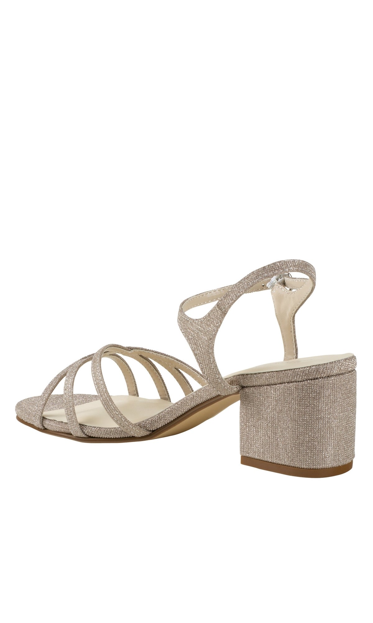 The Delilah Champagne Low Heel Strappy Prom Shoes 4594 feature a chic, open-toe design with multiple thin straps, a back zipper closure, and a comfortable low block heel—ideal for adding elegance to your outfit.